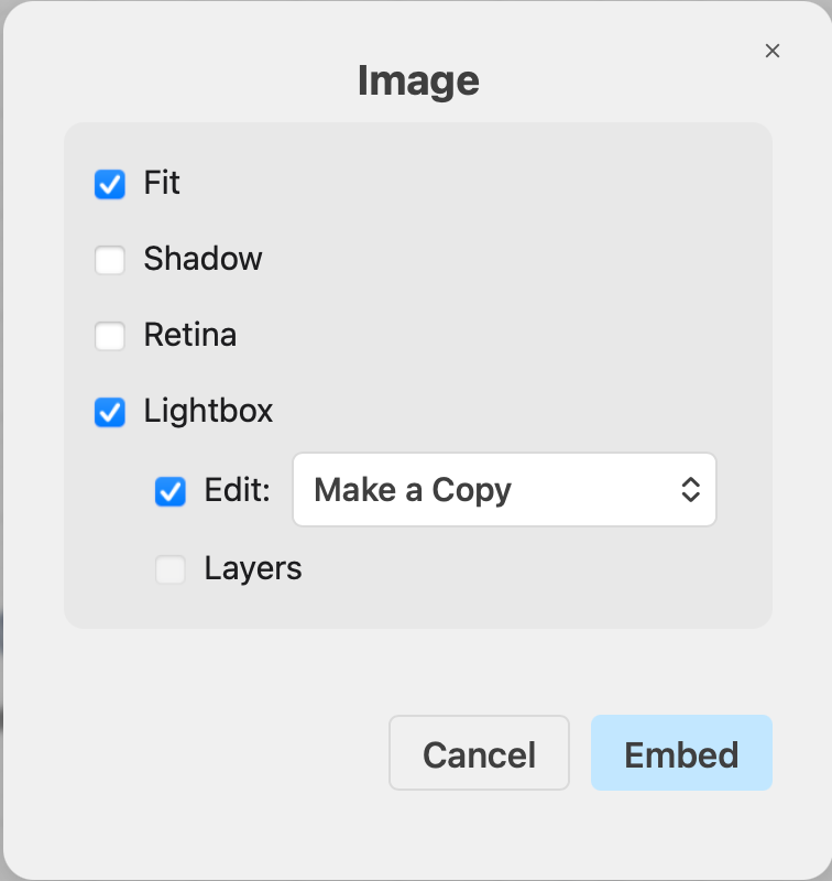 Choose the settings for the embedded image