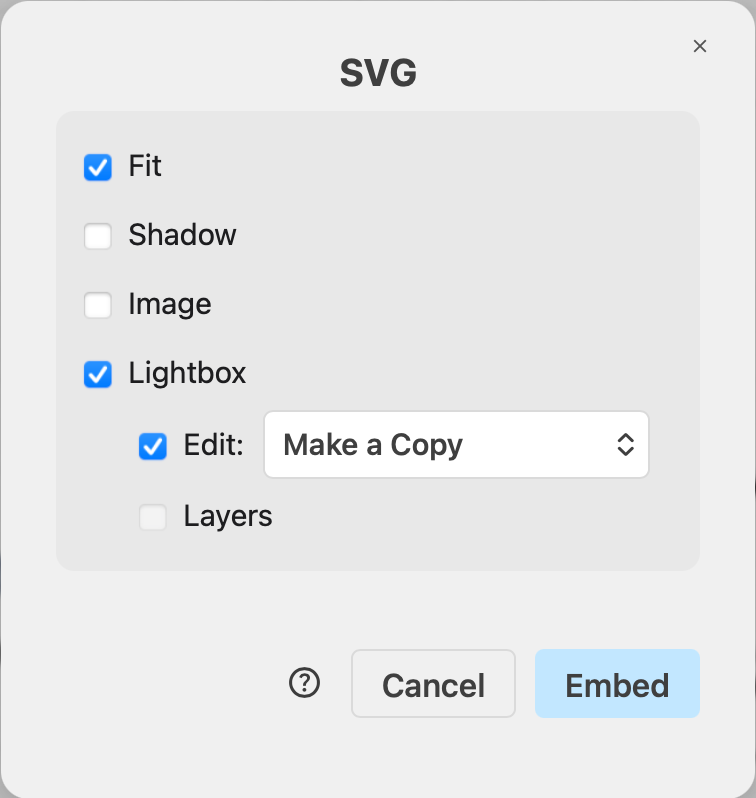 Options available when you export your diagram to embeddable SVG markup