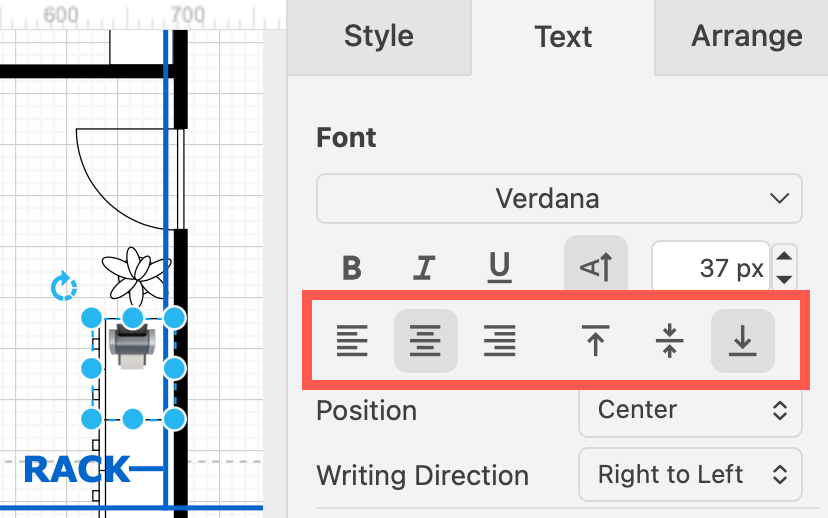 Use the Text tab in the format panel to change the size, position, alignment and direction of emoji labels