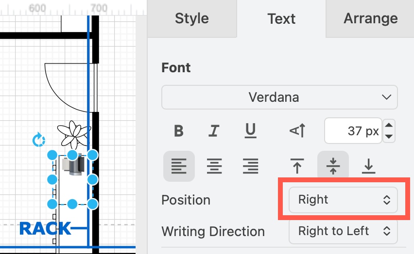 Use the Text tab in the format panel to change the size, position, alignment and direction of emoji labels