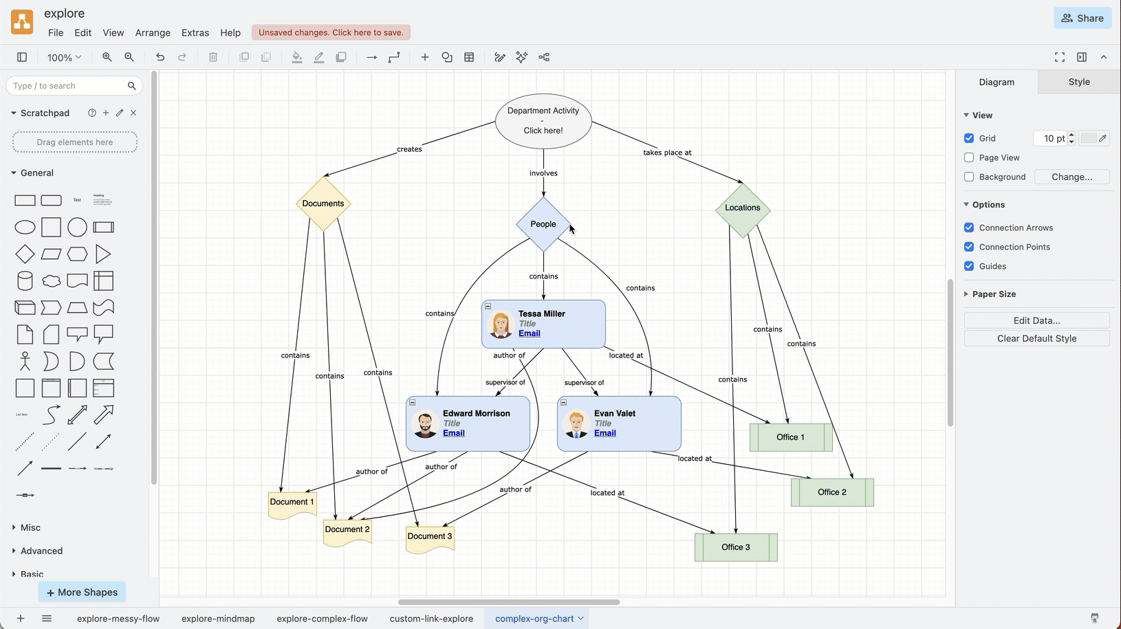 Open the Explore viewer from a shape in an organisation chart, then click on the connected shapes to explore the diagram from there