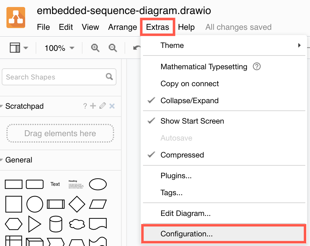 Access the draw.io configuration via Extras /> Configuration