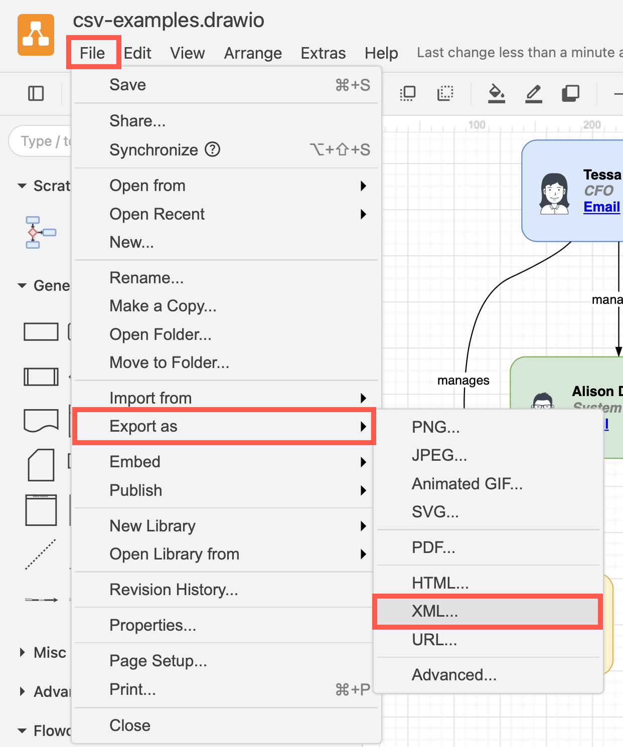 Export a diagram as an XML file