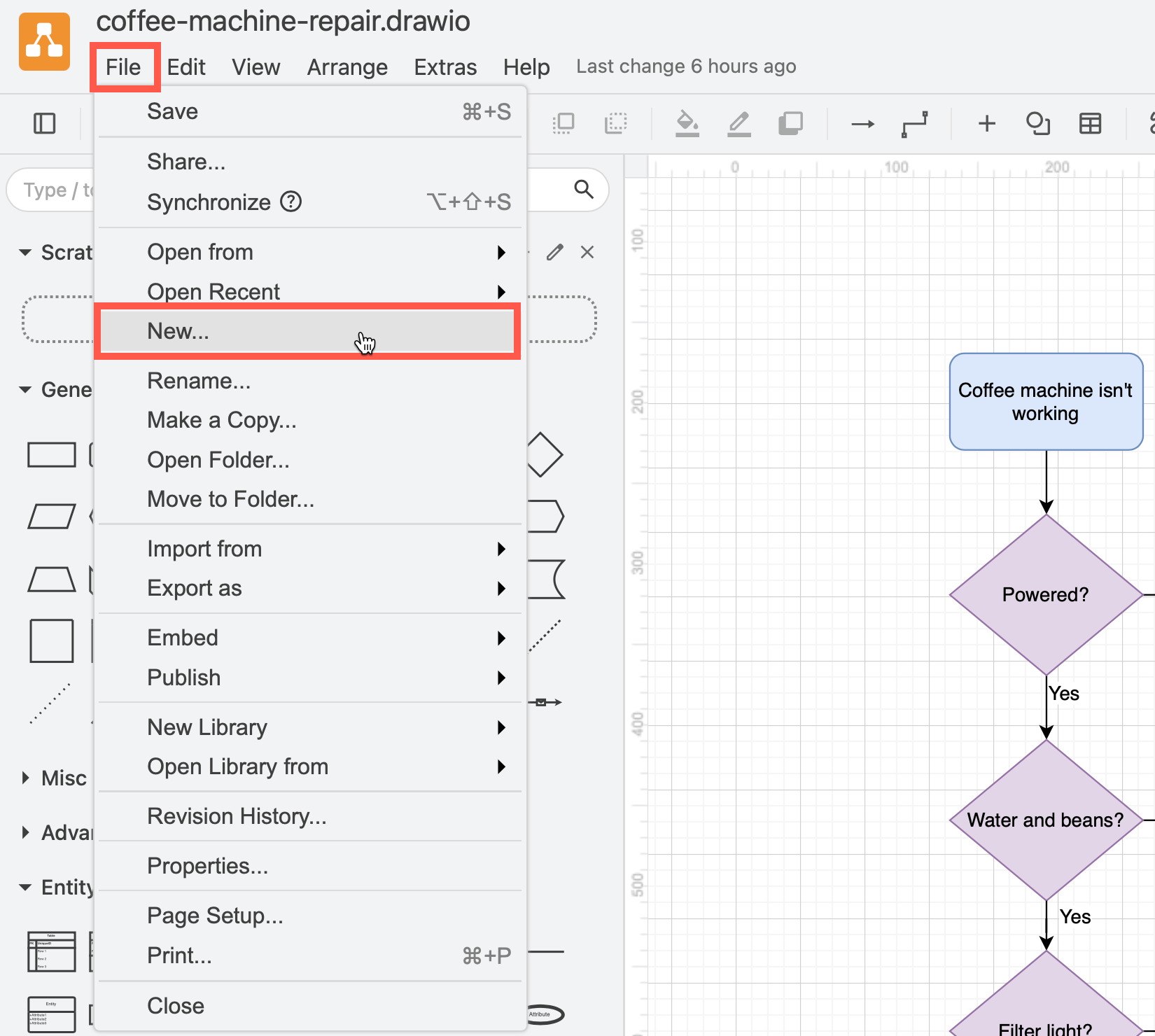 Select File /> New within the draw.io editor to create a new diagram
