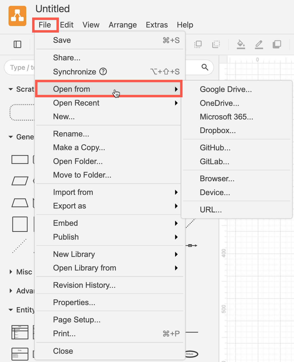 Select File /> Open From in the draw.io editor, then select the location where your diagram file is saved