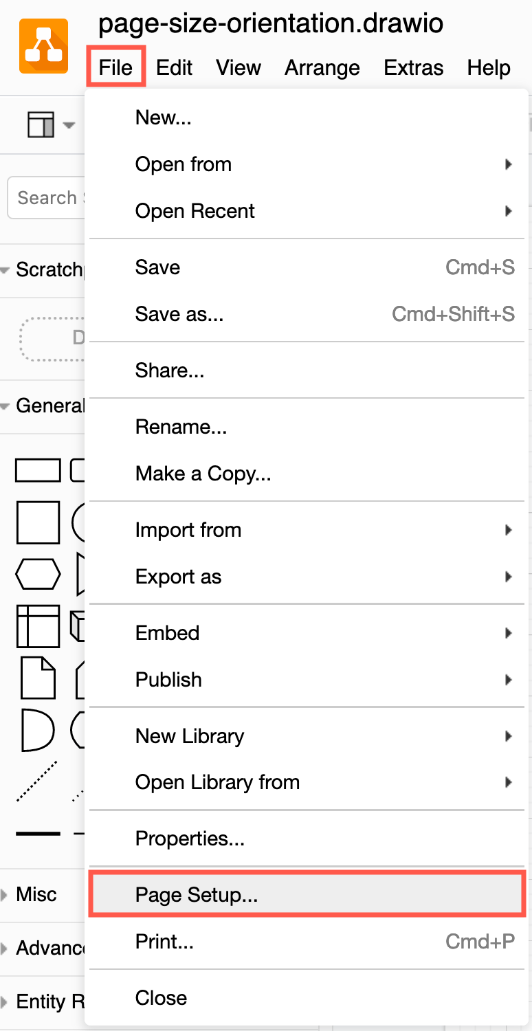 Select File /> Page Setup to change paper size, orientation and more