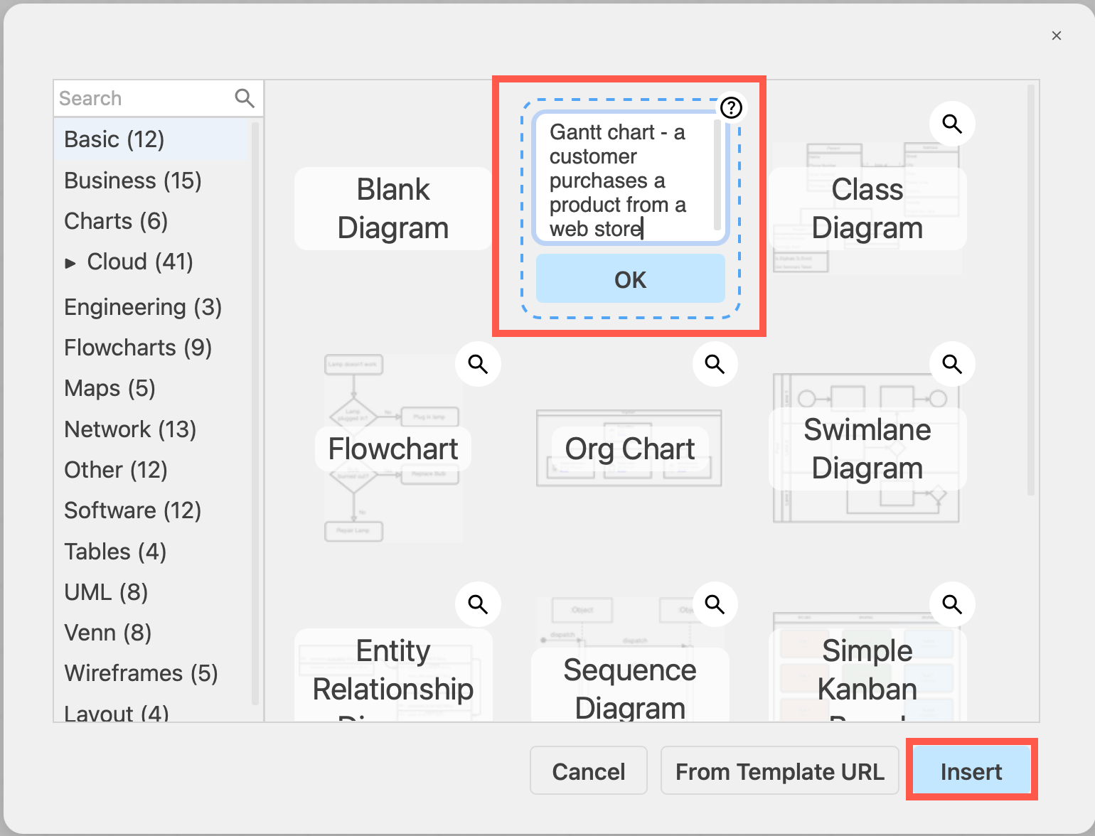 Generate a Gantt chart from a text description via the template library in draw.io