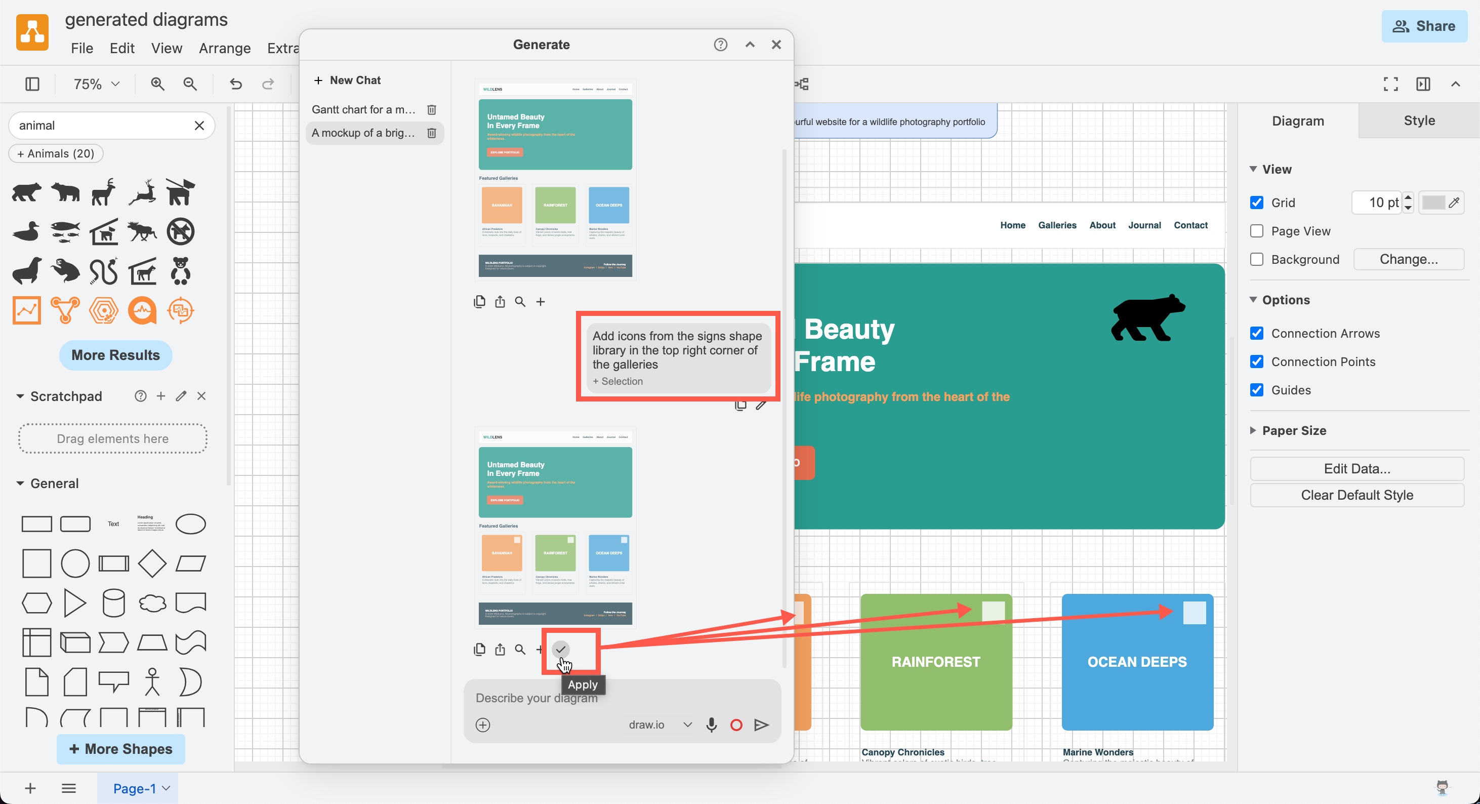 Apply the suggested changes to your diagram on the drawing canvas, or add the new version alongside the existing shapes