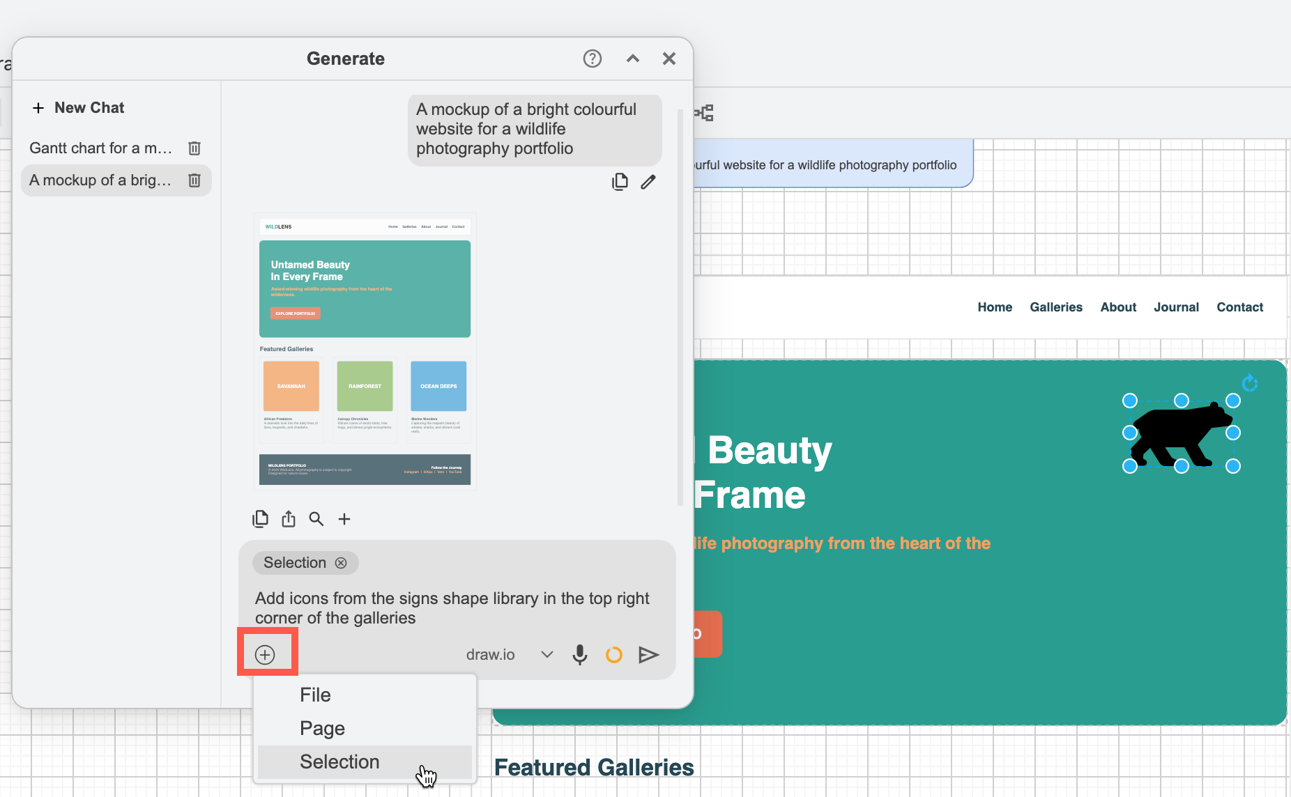 Share your draw.io diagram file, the current diagram page or the selected shapes and connectors with the Generate tool via the + in the bottom left of the query text box