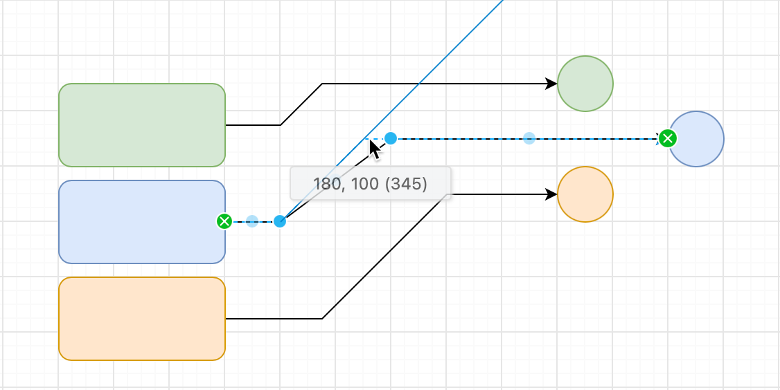 The blue 45 degree guide will be shown (if Guides are enabled) when a connector is close to a 45 degree angle