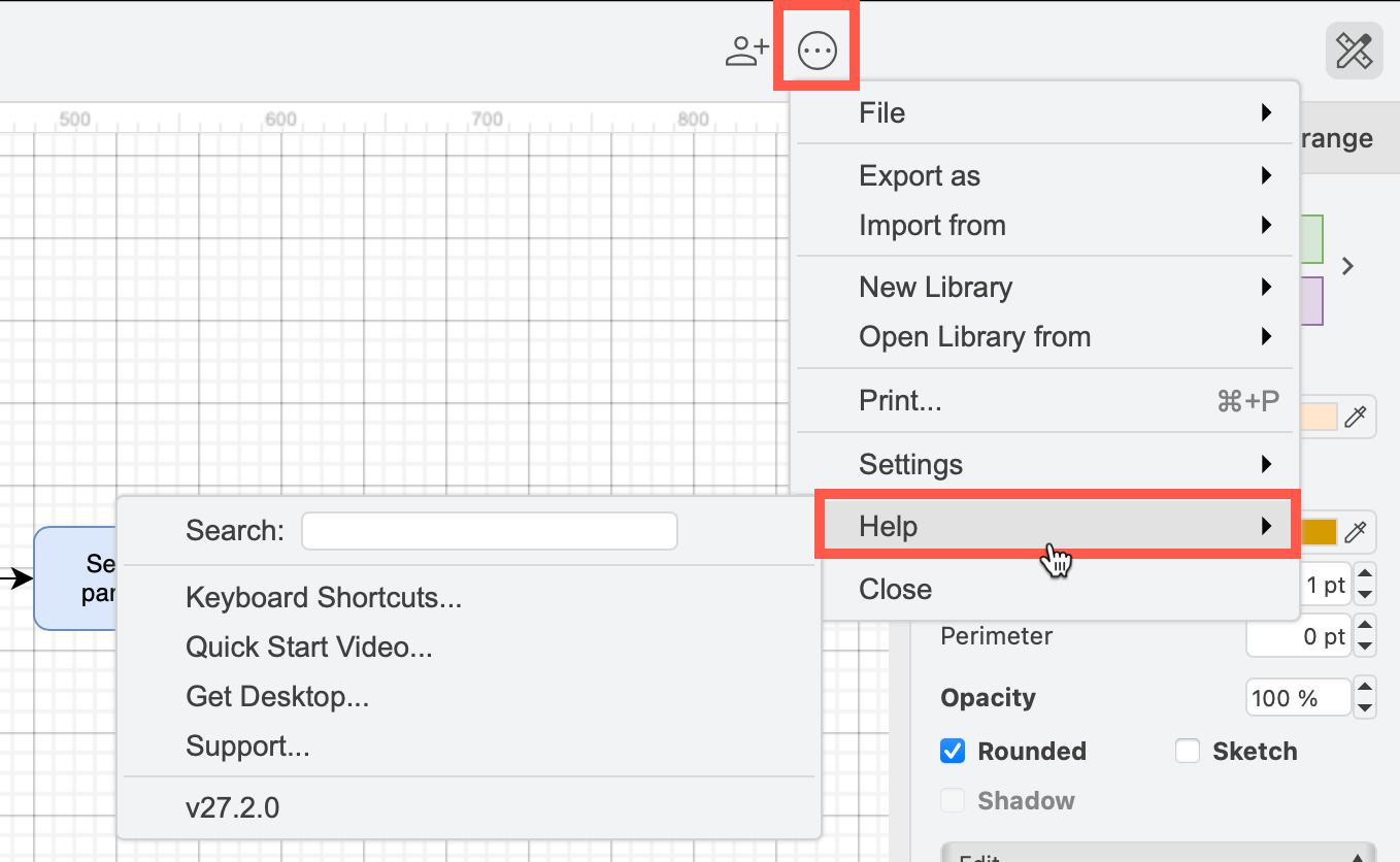 Select the Help menu above the draw.io drawing canvas to access online help, support, keyboard shortcuts and more