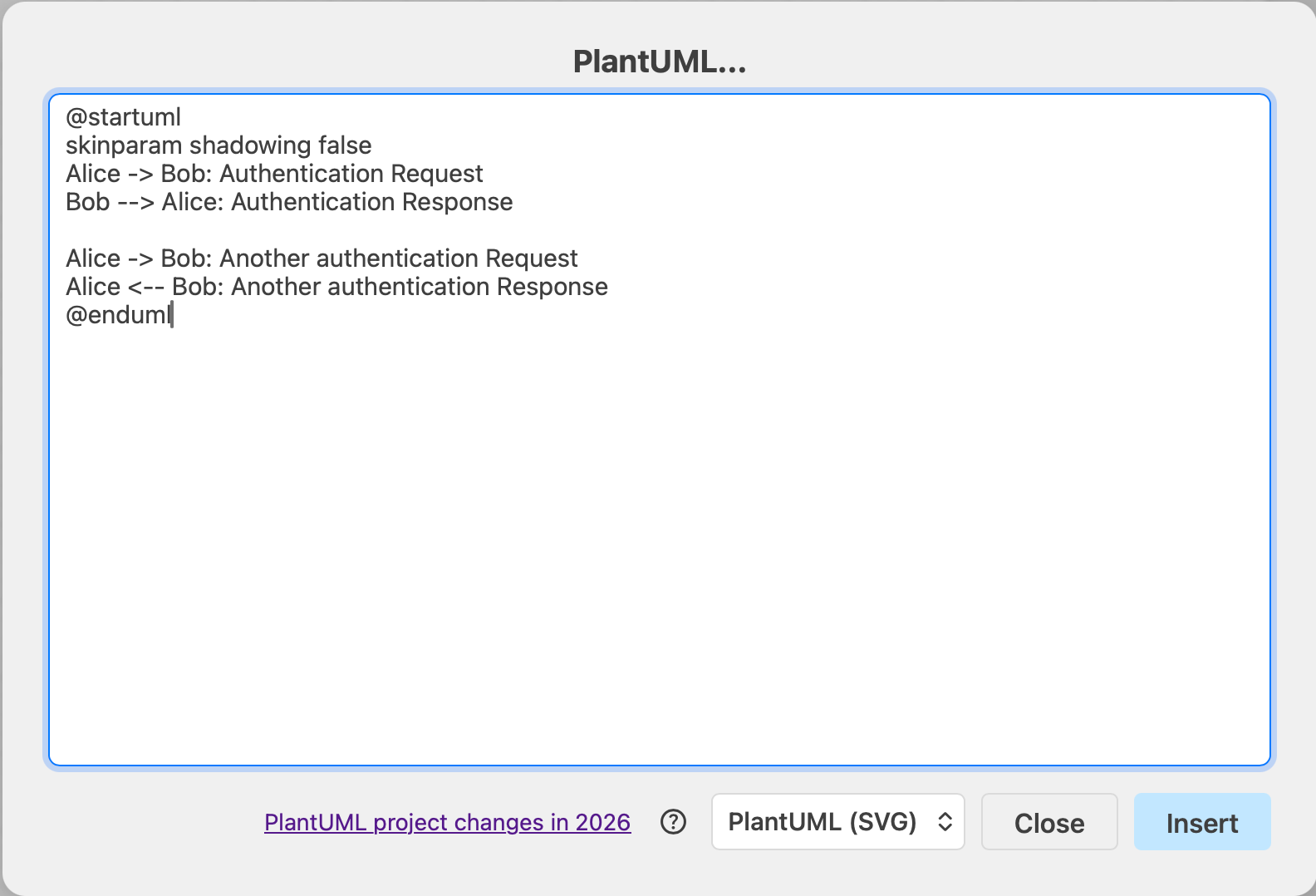 Insert PlantUML to generate a diagram in draw.io via Arrange > Insert > Advanced > PlantUML