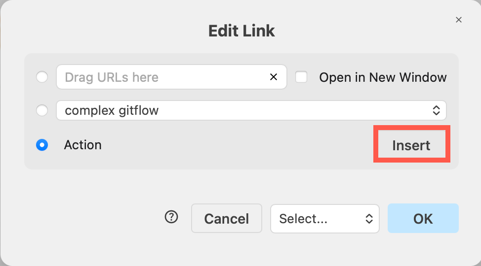 Click on Insert to add an action (on a custom link)