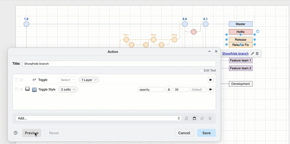 Copy selected actions from one custom link to another custom link