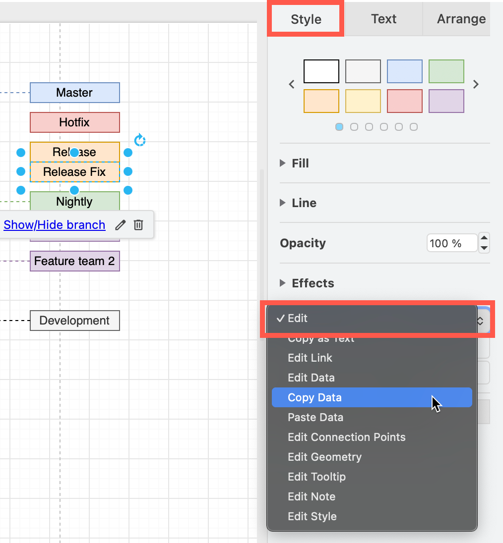 Copy all cell metadata including custom link actions via Edit > Copy Data in the menu or the Style tab of the format panel