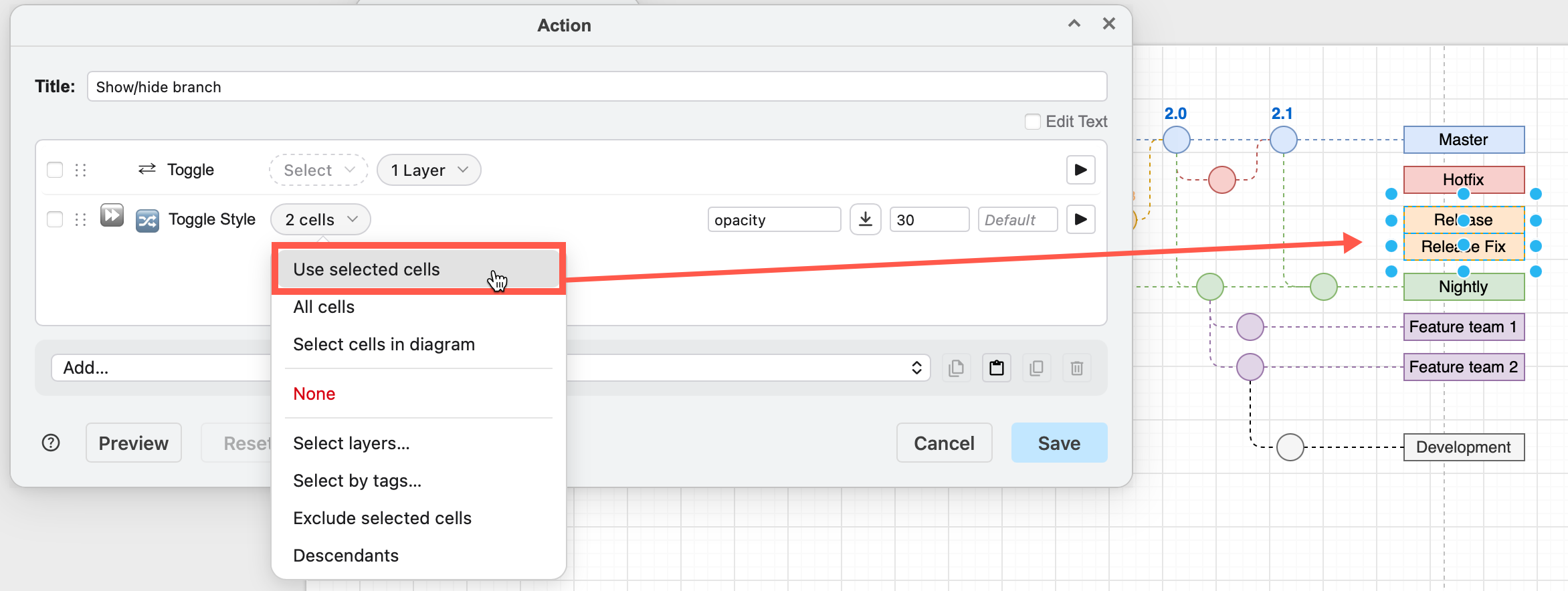 Select the shapes (cells) you want to apply this style to, in this case two labels, and choose Use selected cells from the Cells list