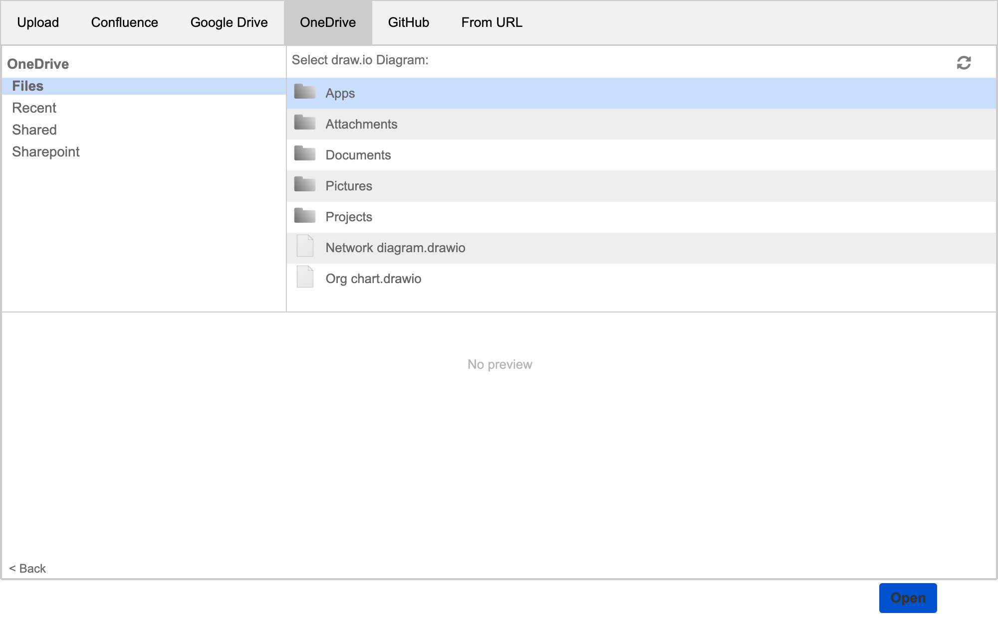 Browse your OneDrive folders to find the diagram you want to add to your issue