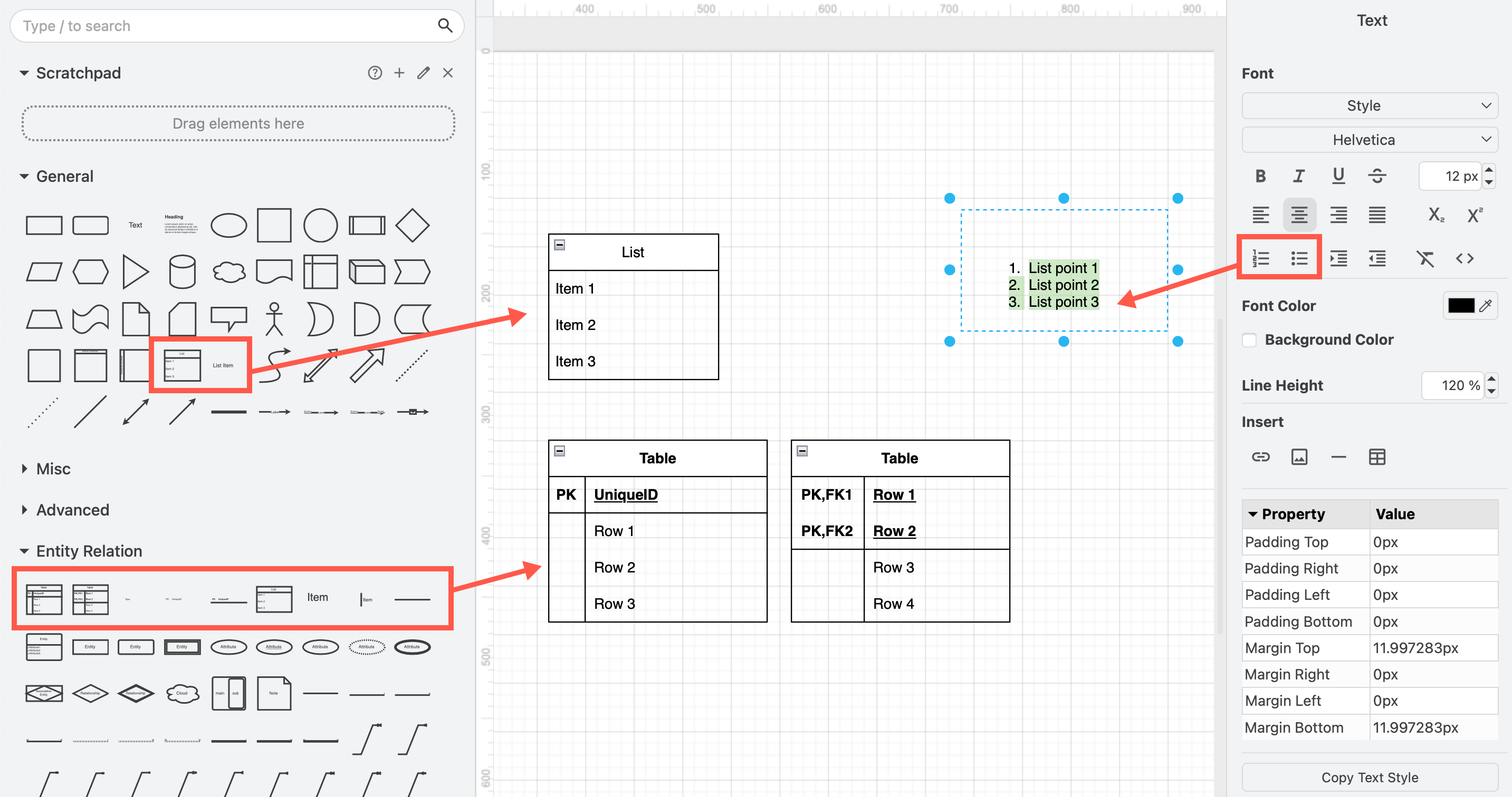 Make a text list in draw.io with a list shape, entity shapes or by formatting selected text