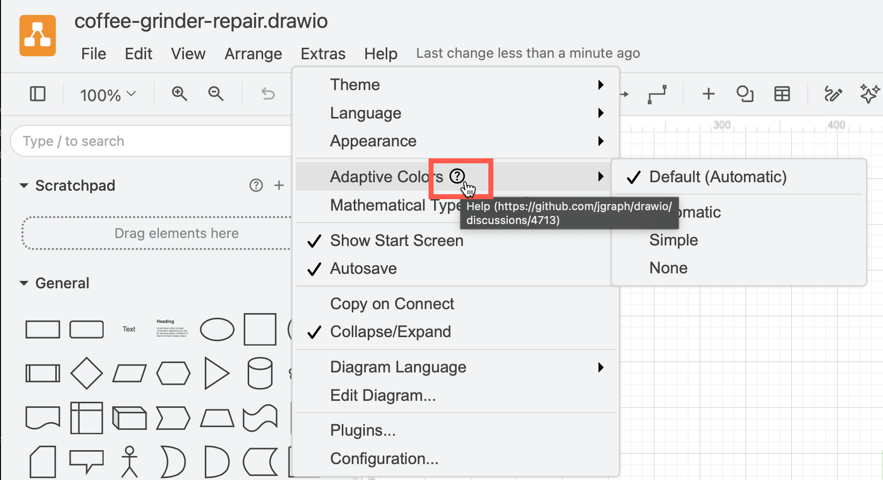 Many draw.io menus and tools have additional help - click on the question mark icon to see the documentation