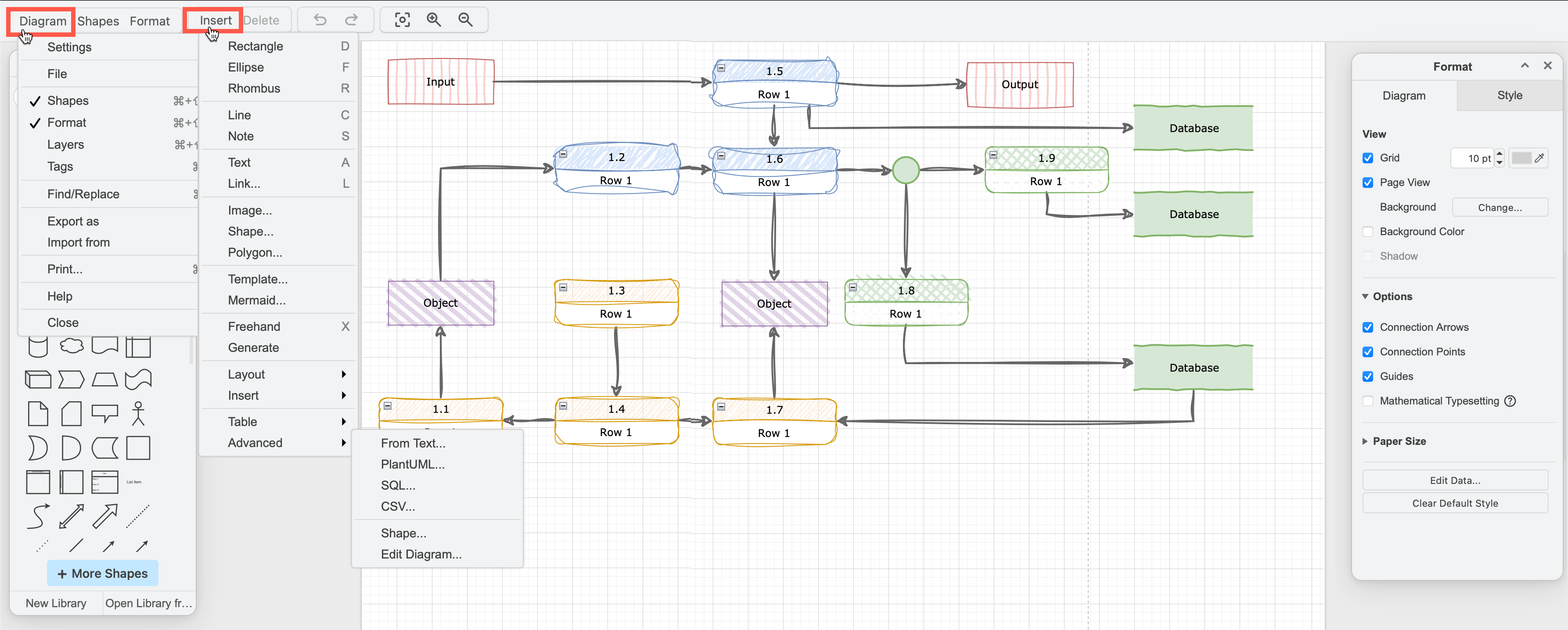 The menus are via the buttons in the top left - Diagram and Insert - in the Minimal editor theme in draw.io