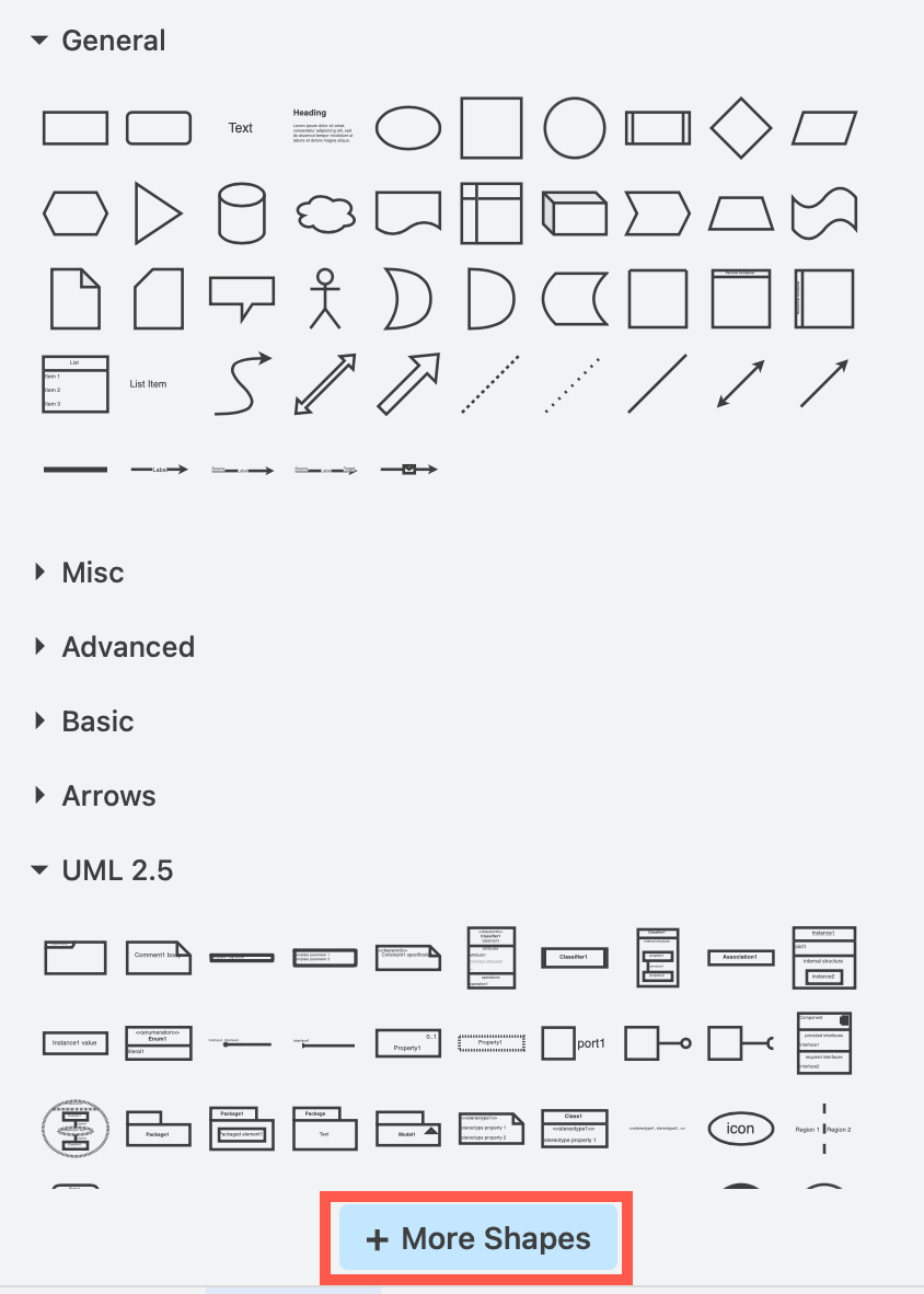 Click on More Shapes to see all of the built-in shape libraries in draw.io
