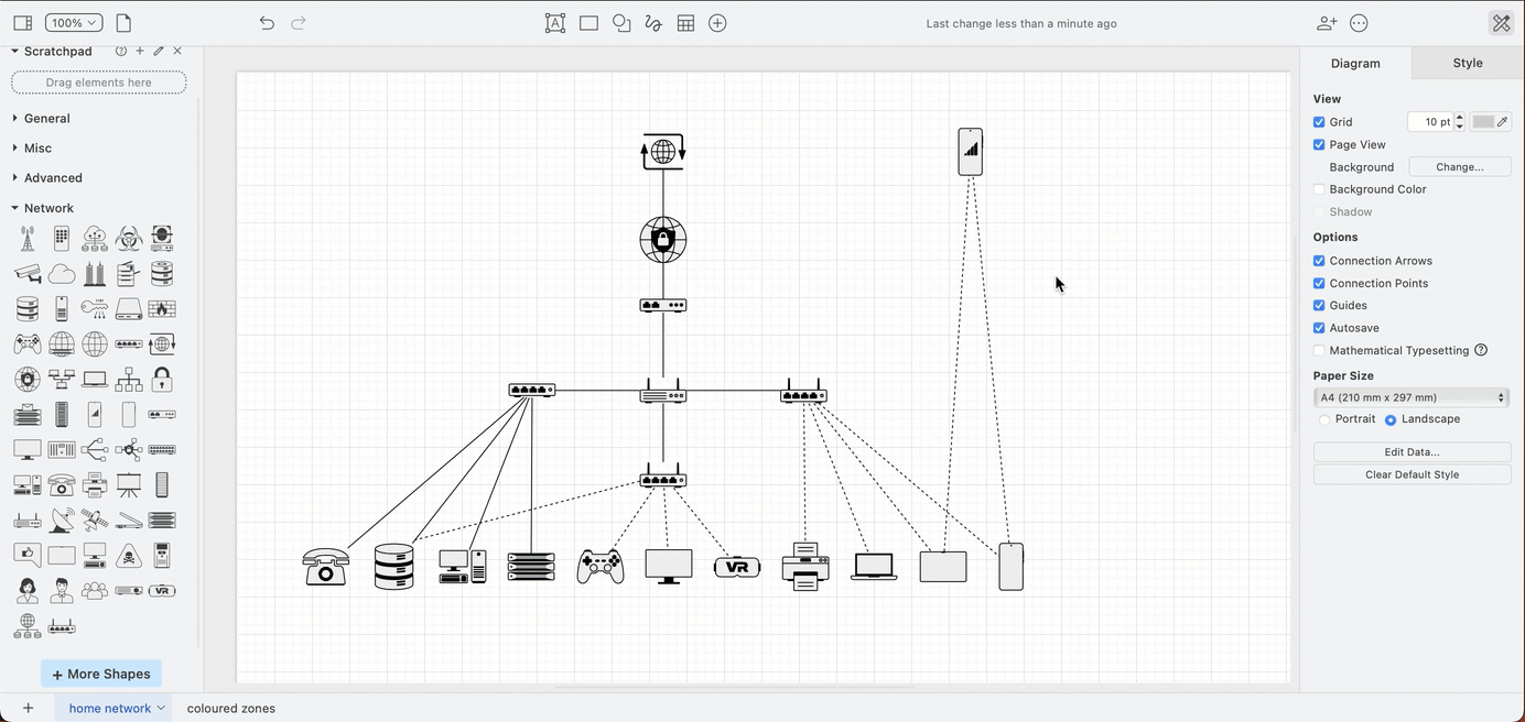 The Network shape library includes a long shadow with additional colour styling options