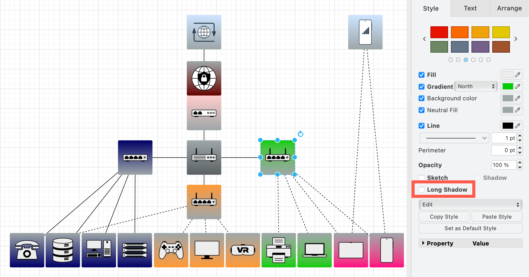 Disable the Long Shadow and keep the background colours of the Network shapes via the Style tab of the format panel
