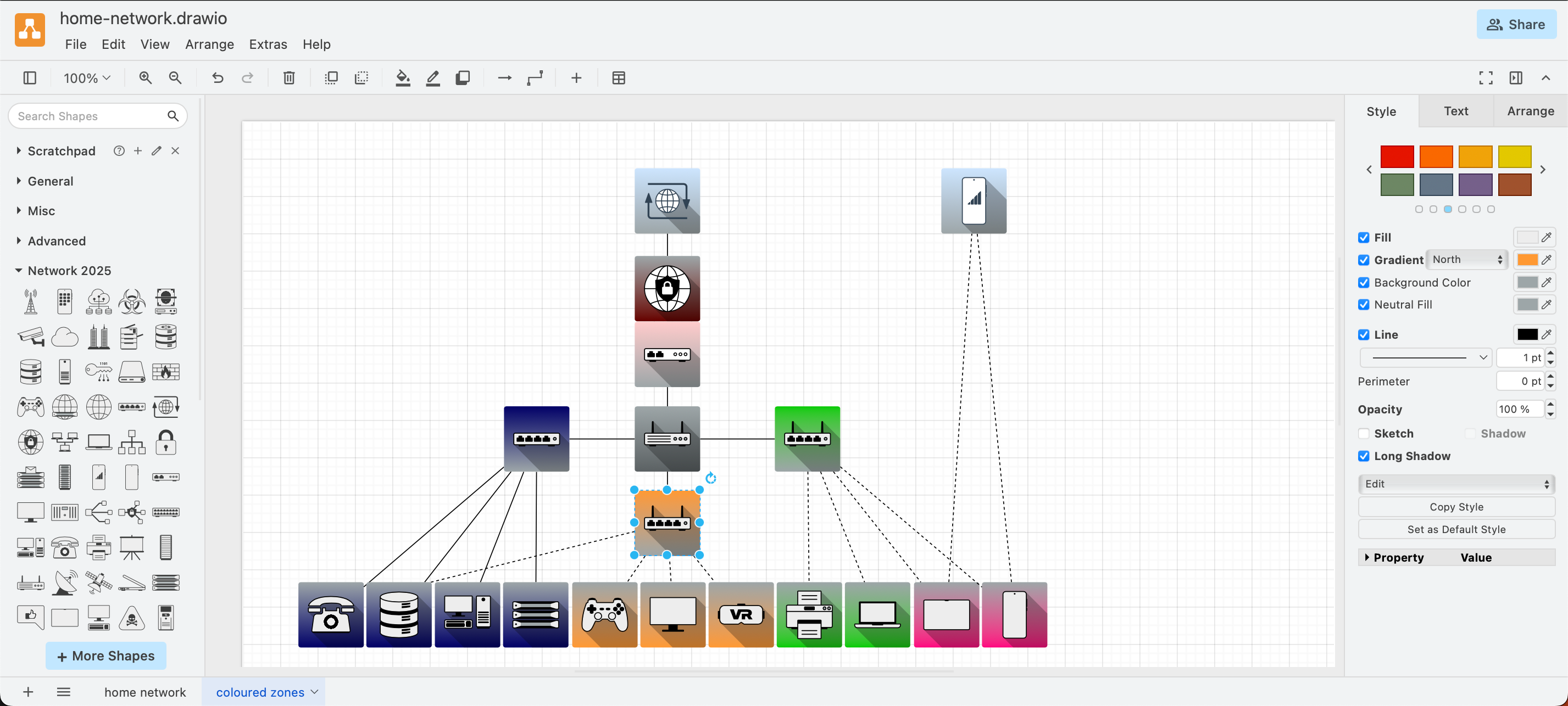 The Network shape library includes a long shadow with additional colour styling options