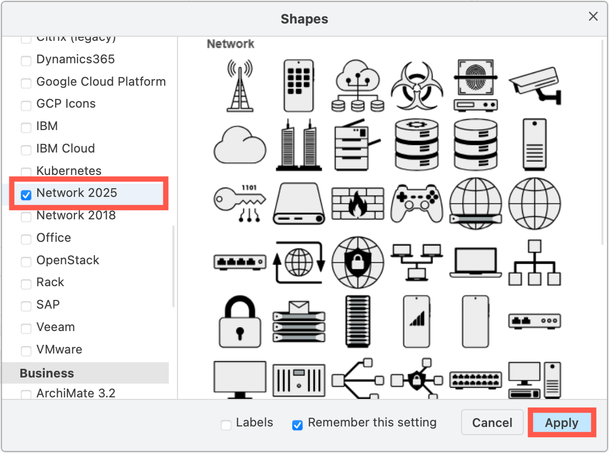 The Network shape library includes a long shadow with additional colour styling options
