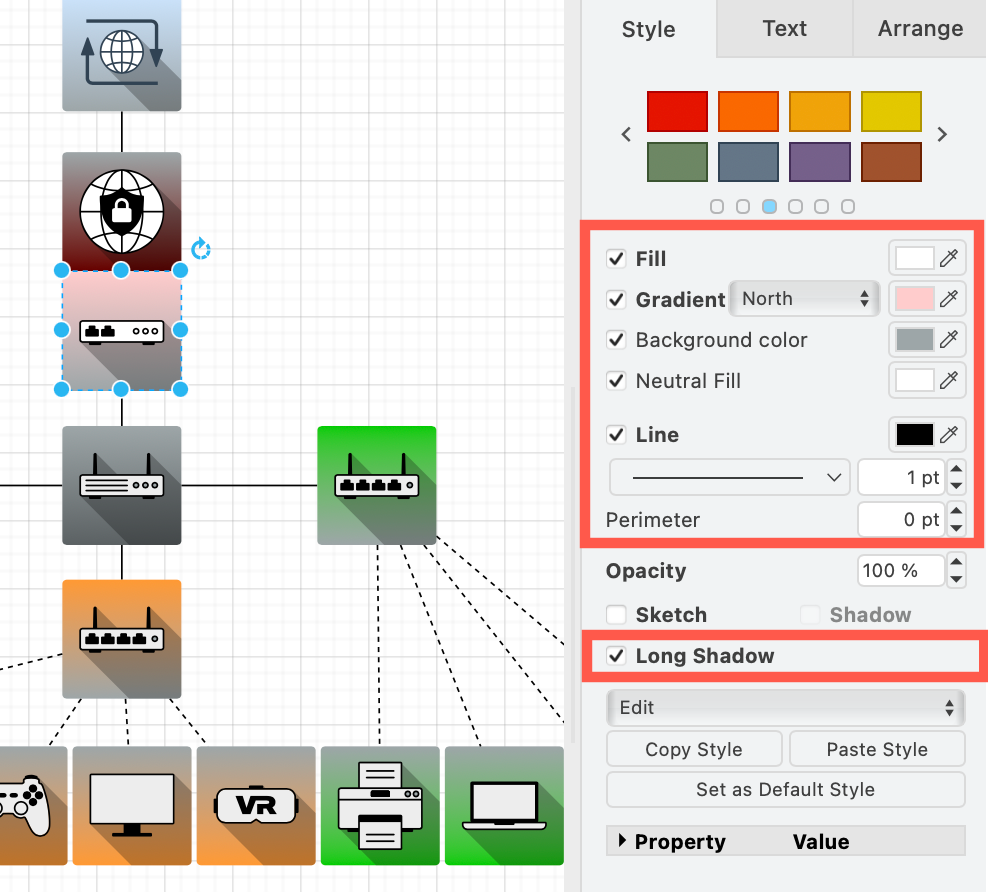The Network shapes have additional style options for shape and background colour, and a long shadow