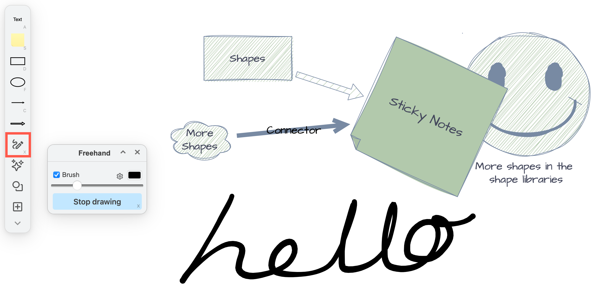 Draw a freehand shape in draw.io's online whiteboard editor theme