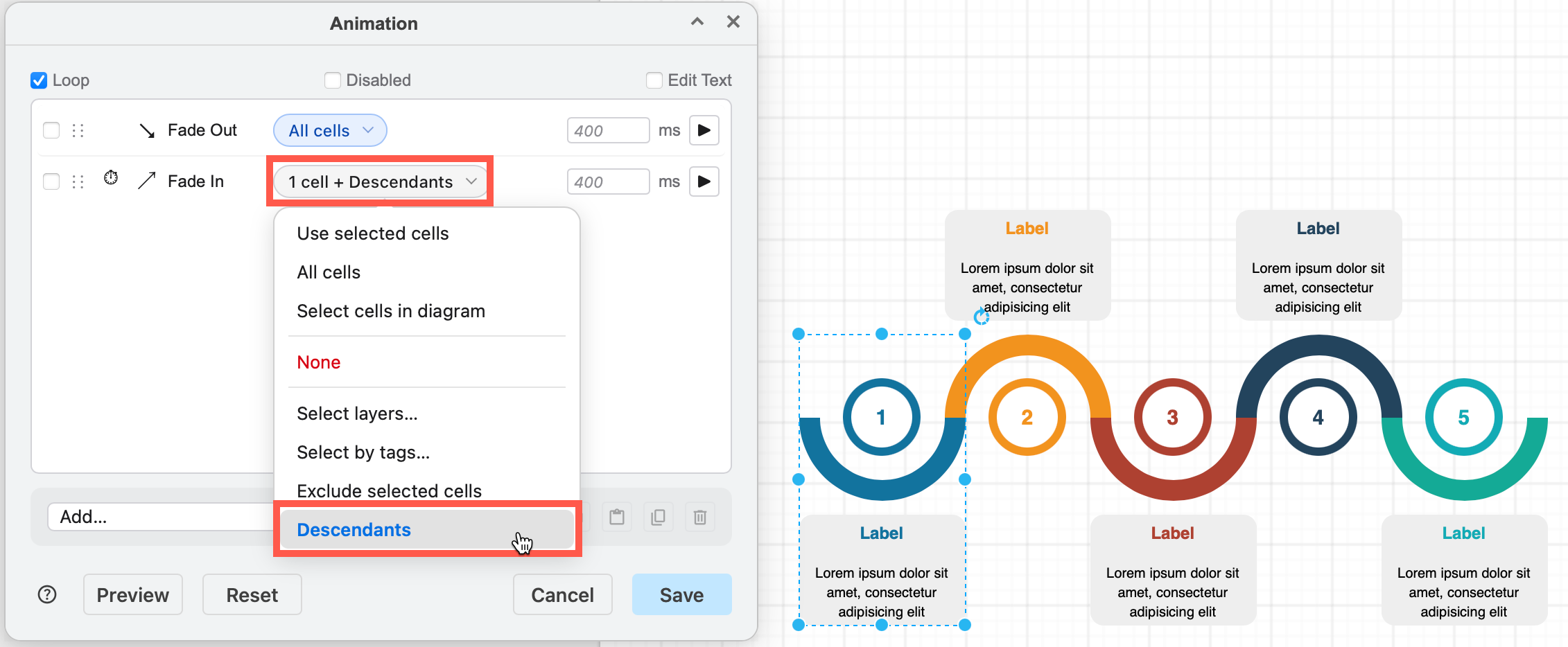 Click add and select an animations to add to the diagram in the Animation custom action dialog