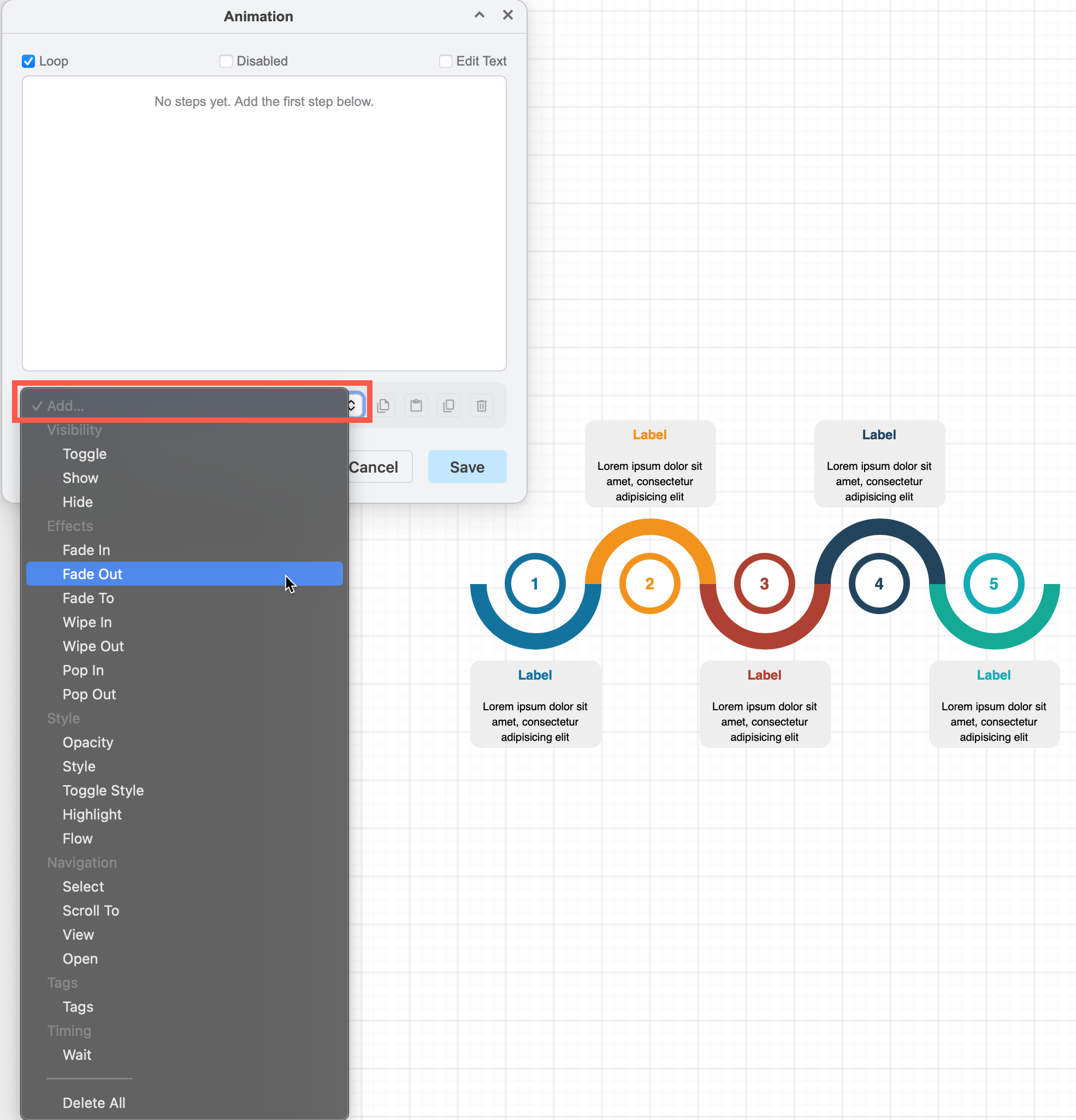 Click add and select an animations to add to the diagram in the Animation custom action dialog