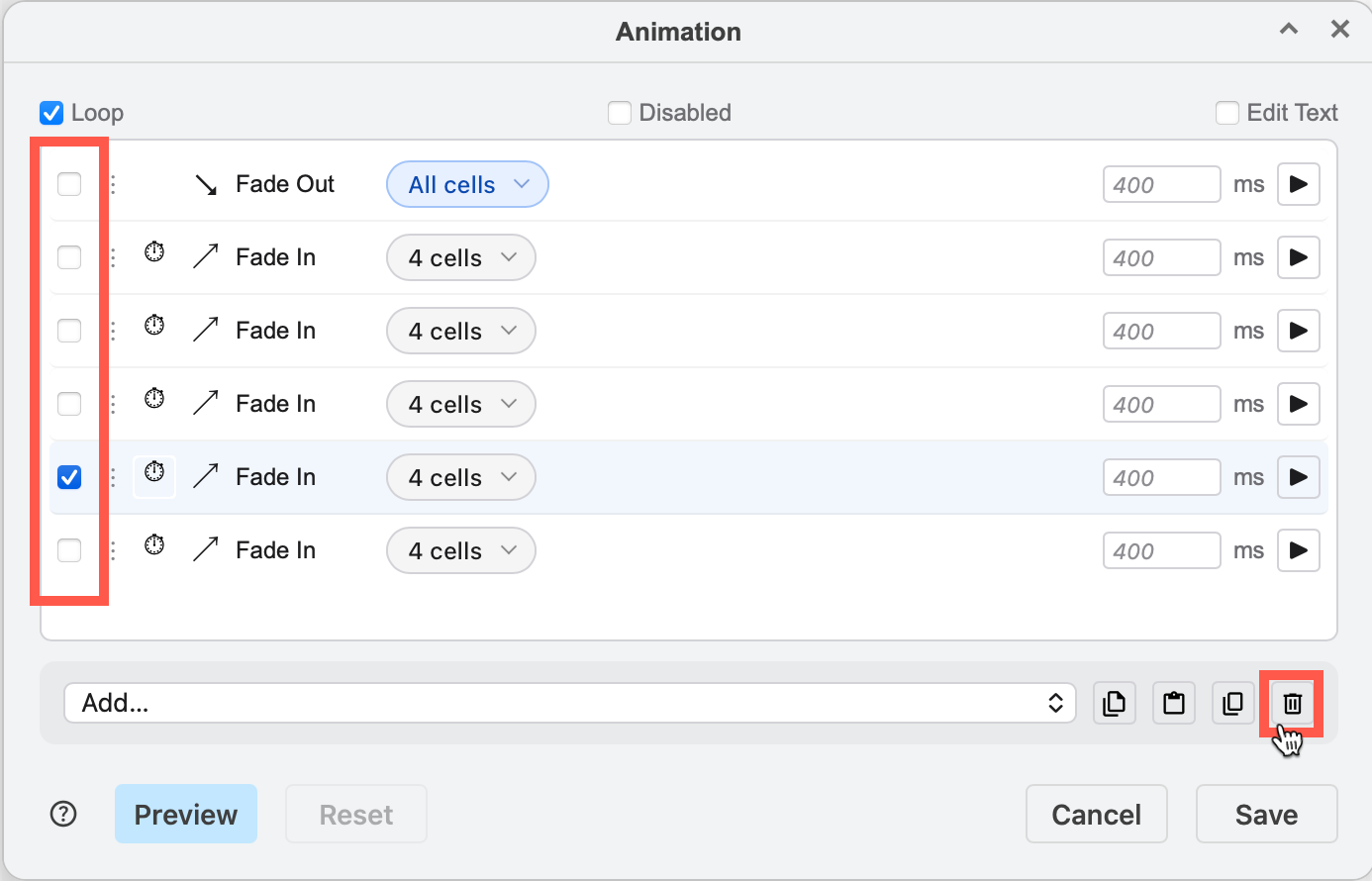 Select the actions you want to delete, the click on the Delete rubbish bin icon in the bottom right to remove the action