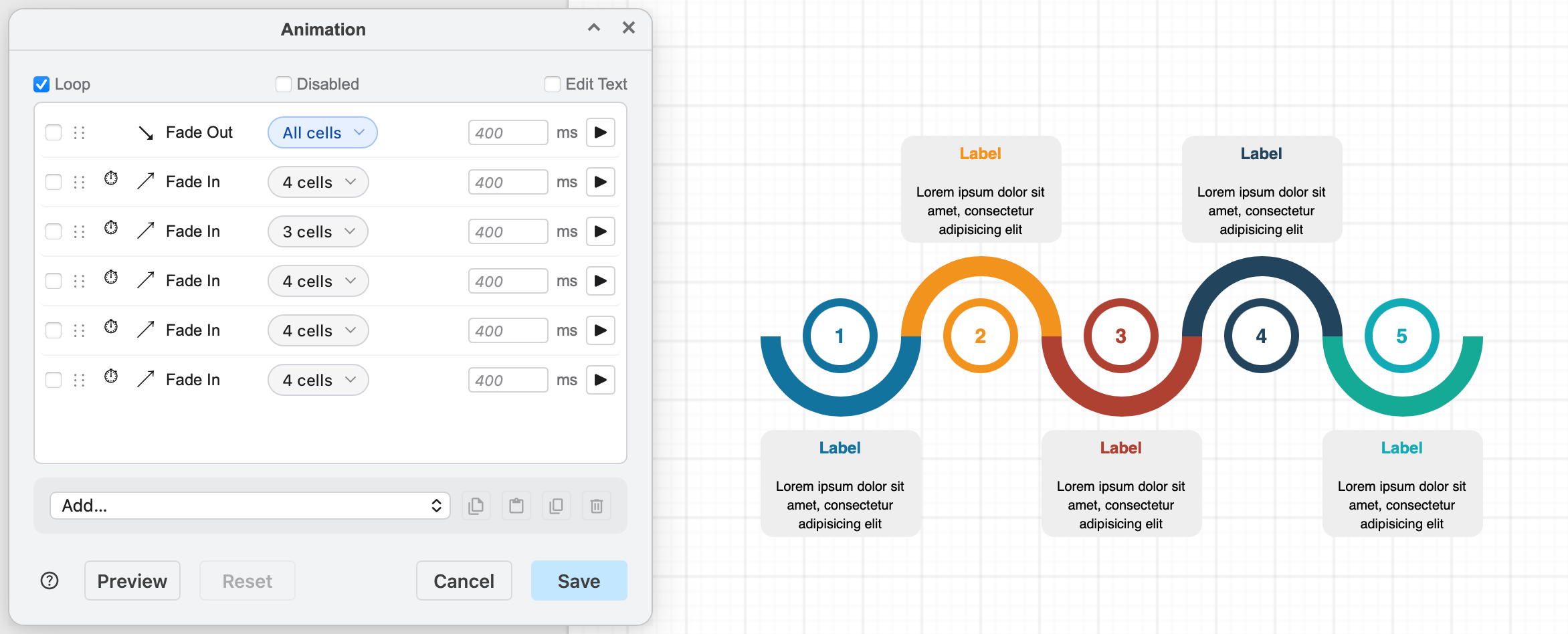 Select diagram cells - shapes and connectors - and add actions or animations to them so they will play when the draw.io diagram is opened in the lightbox viewer or presentation mode