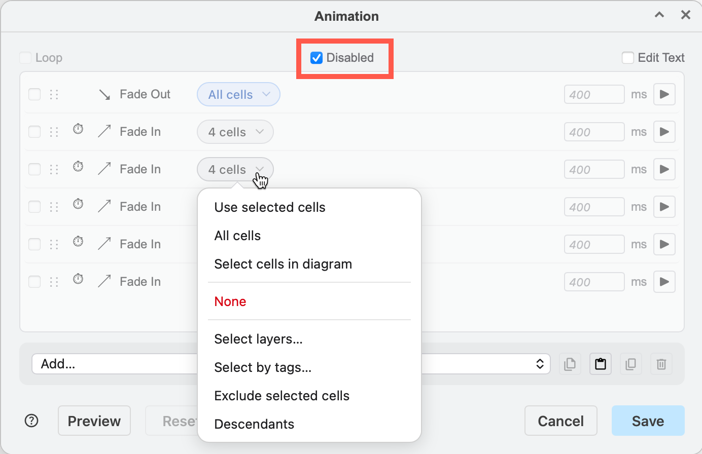 Select the Disable checkbox to open the diagram page without any animations in the Lightbox viewer or presentation mode - you can still edit the animation actions when they are disabled and greyed out