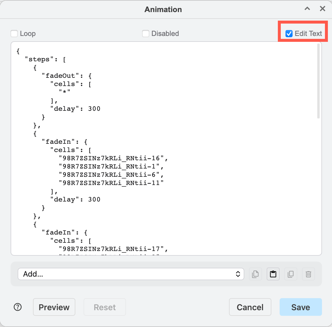 Select the Edit Text checkbox to directly edit the JSON string that describes the page animation