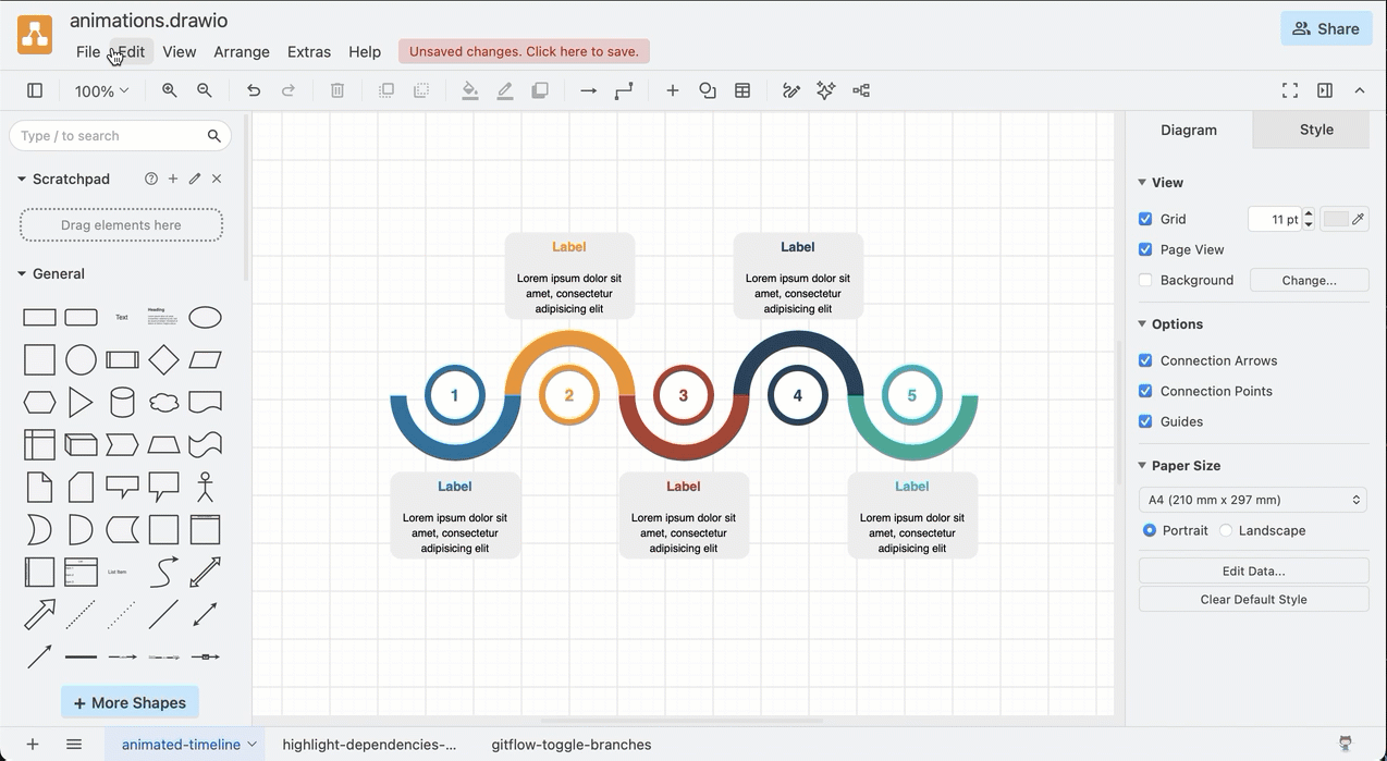 Add animation actions to diagram pages that automatically play in presentation mode