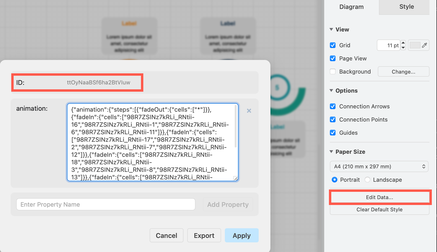 Make sure nothing is selected in the diagram, then select Edit Data to see the diagram page's cell ID and the animation actions attached to the page