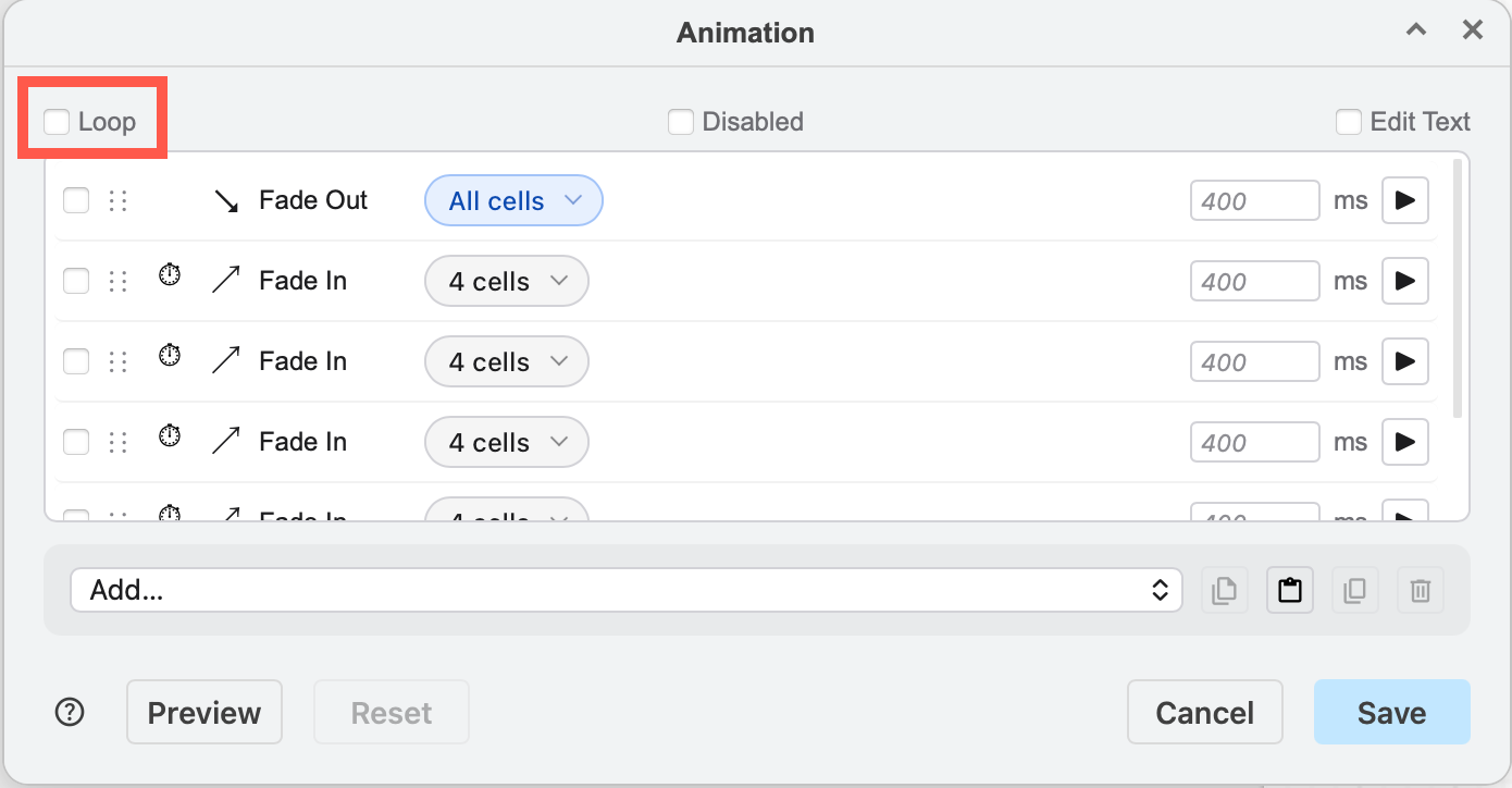 Deselect the Loop checkbox to play the animation once only in the Lightbox viewer or presentation mode