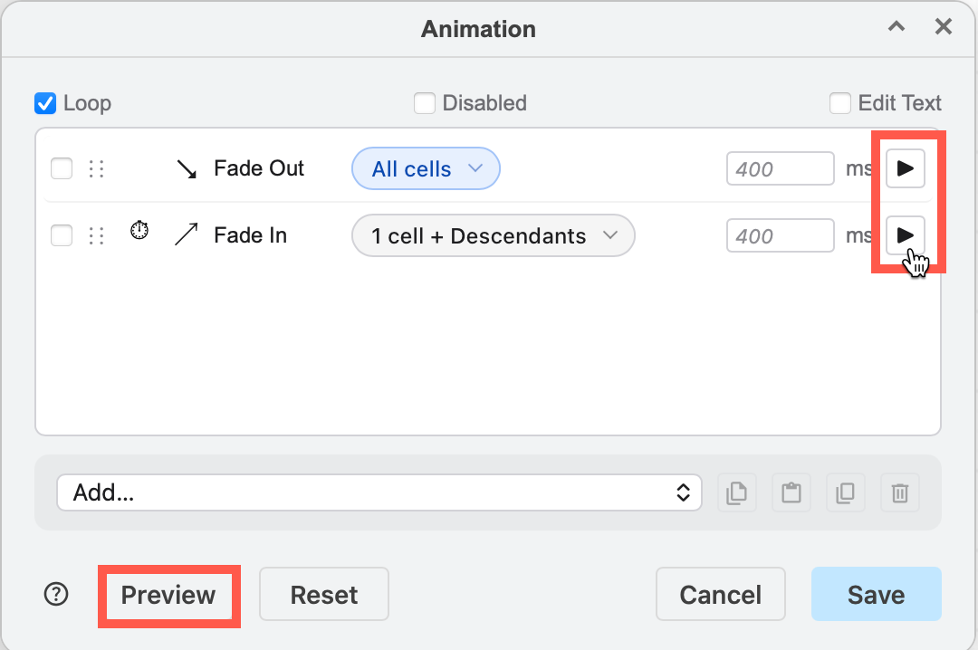 Click the Play icon to preview one animation step, or the Preview button at the bottom of the dialog to preview the entire animation