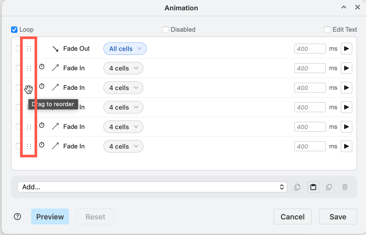 Drag an action to another location in the action list to change the animation order