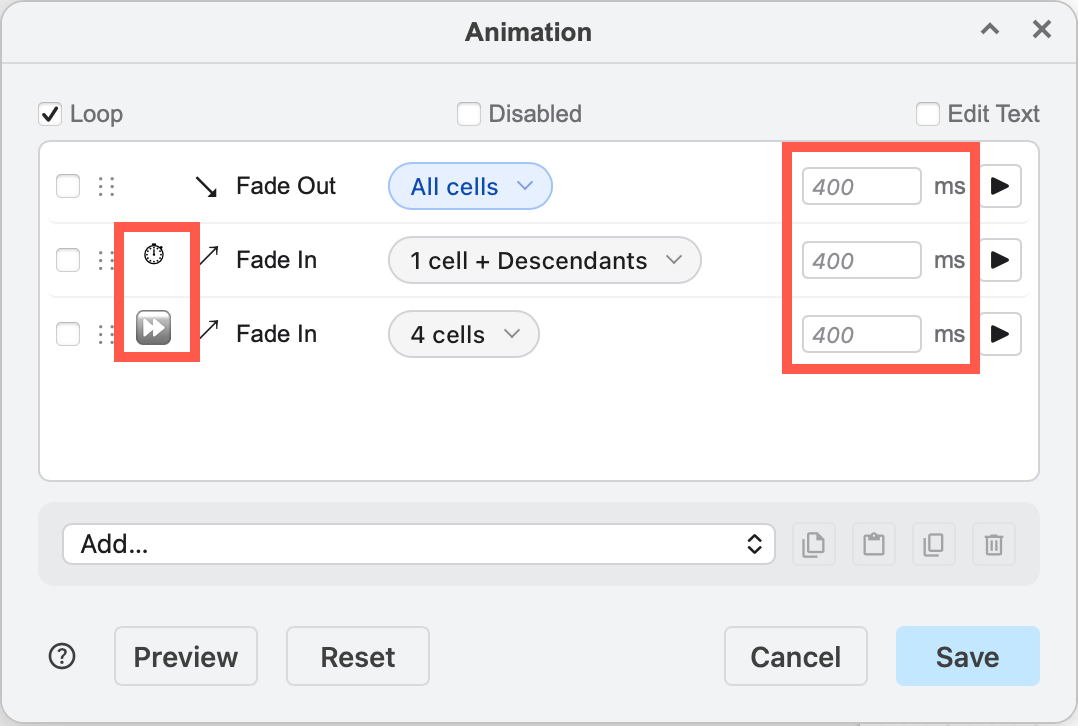 Change an action step to wait for the previous step or play immediately with the previous step by clicking on the timer/double arrow icons, and set a delay in millisecond in the field on the right