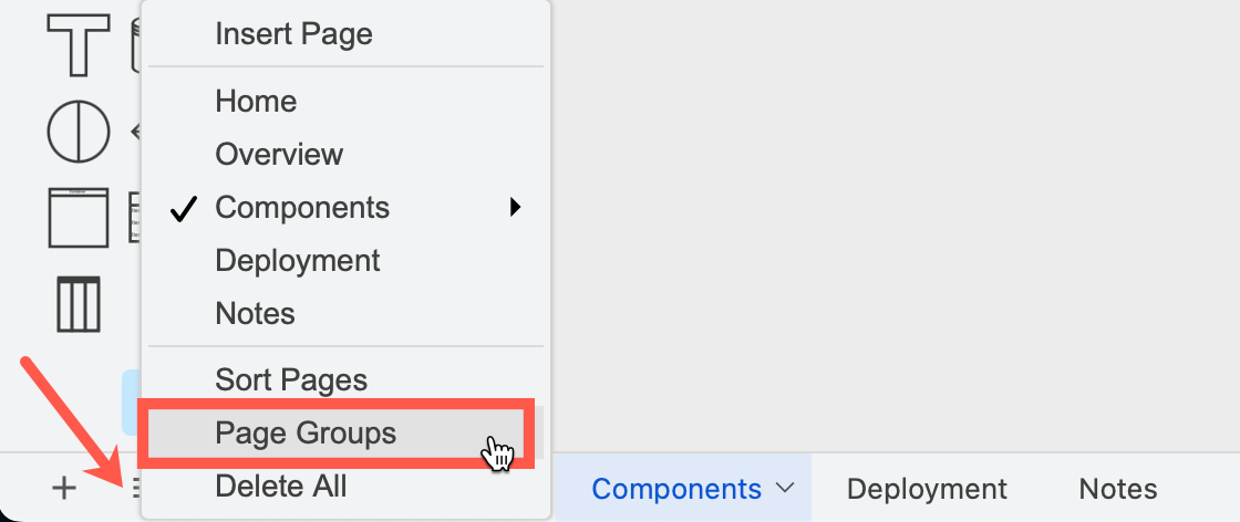 Enable the Page Groups via the pages menu in the bottom left to organise diagrams with a large number of pages
