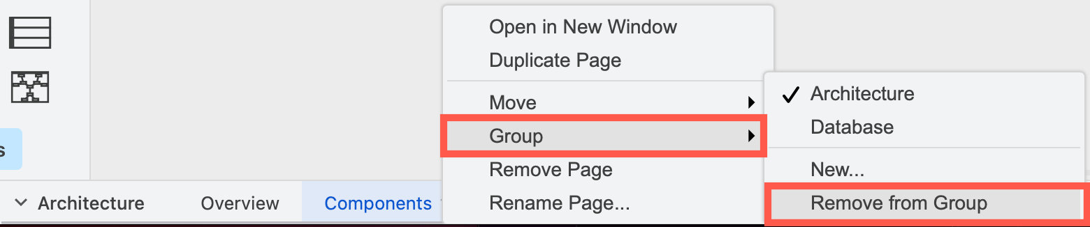 Right-click on a page, select Group > Remove from Group to move the page out of its group
