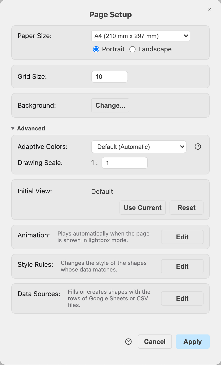 Select File > Page Setup from the menu and click Advanced to see the adaptive colours, the drawing scale, the initial view, the animation, the style rules and the data sources of the page