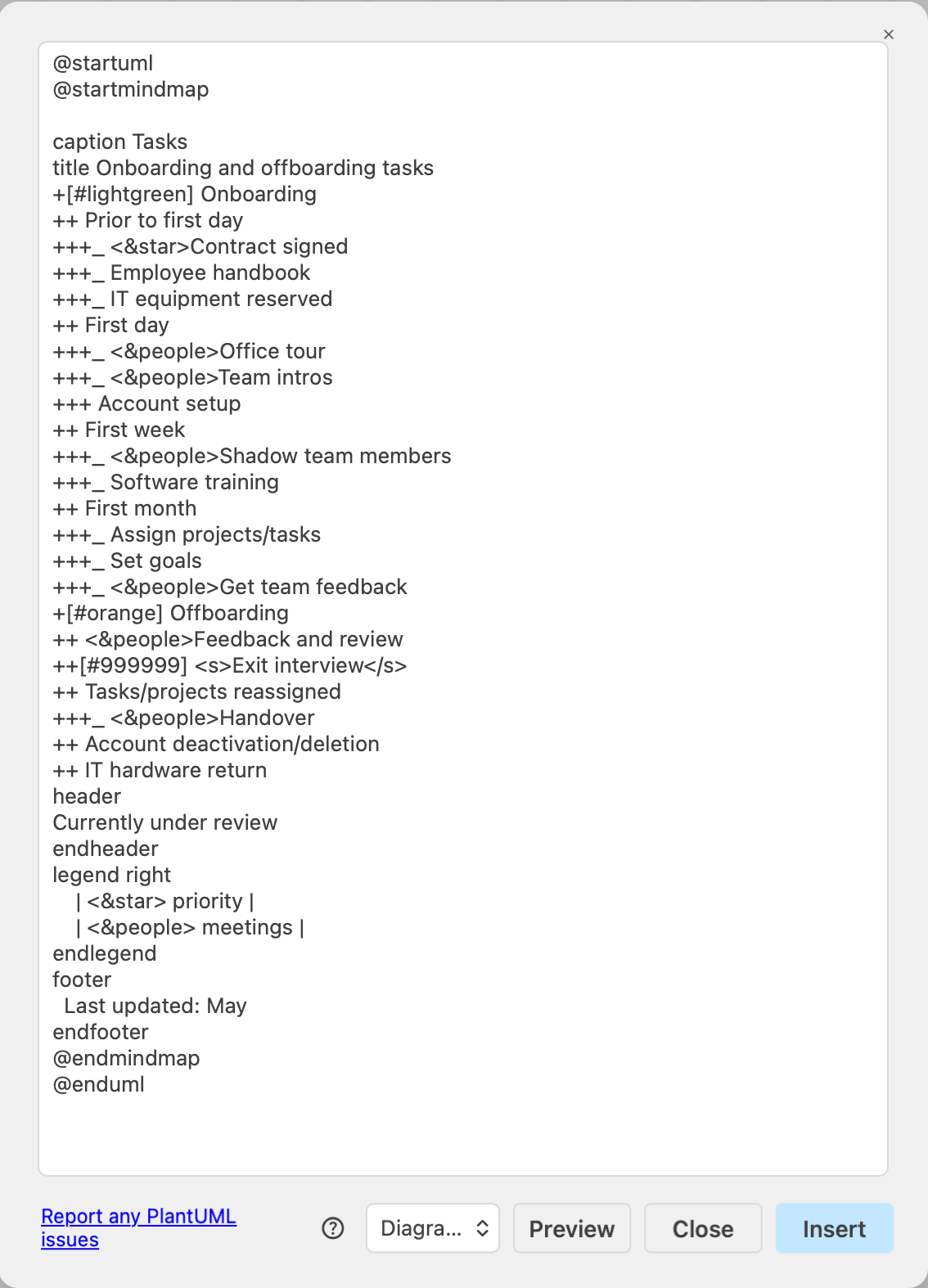 Remove the newline characters from the PlantUML syntax and insert it via Arrange > Insert > Advanced > PlantUML