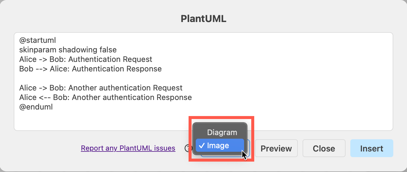 Insert PlantUML to generate a image on the drawing canvas in draw.io via Arrange > Insert > Advanced > PlantUML, then select Image before inserting the diagram