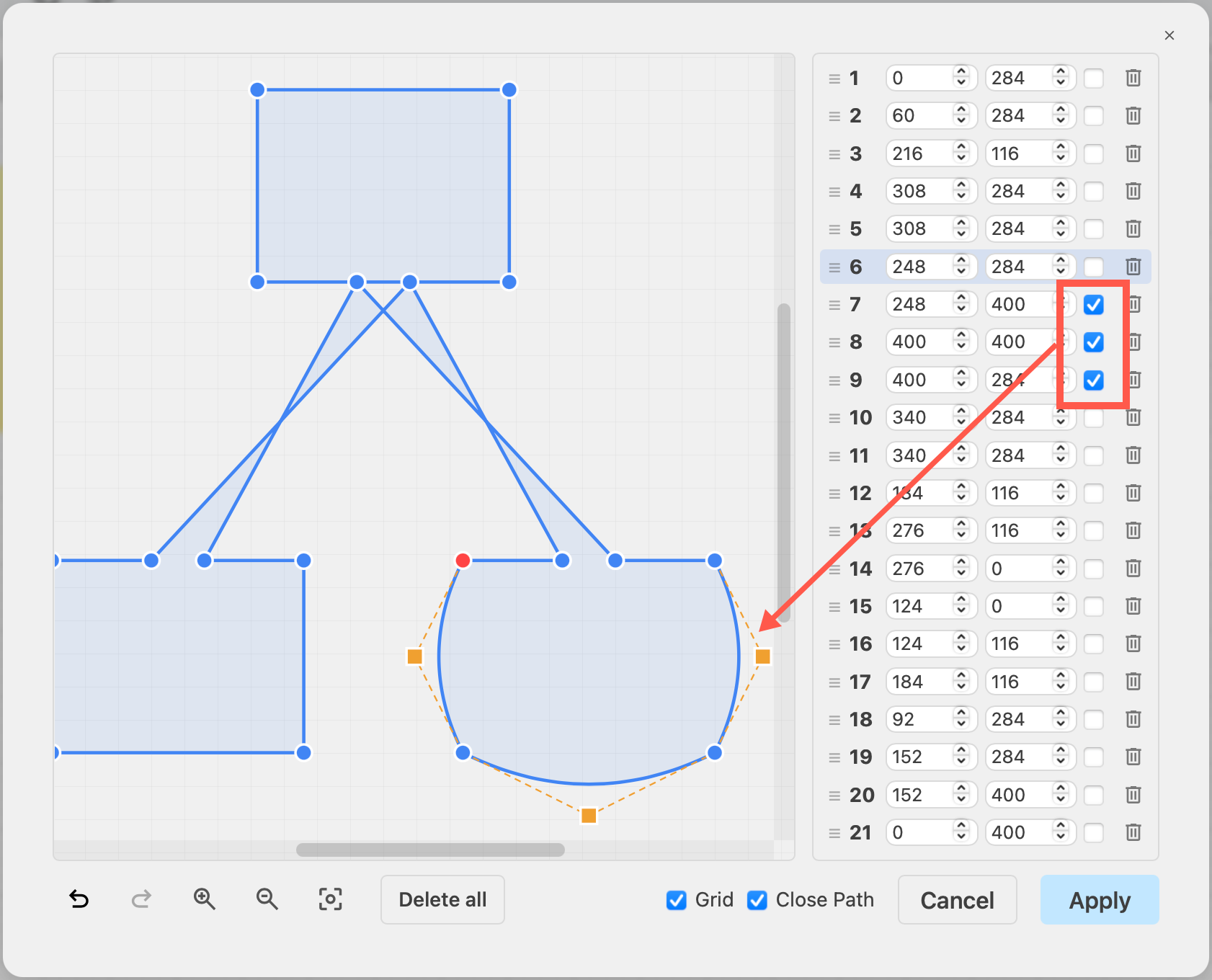 Turn a straight edge of a polygon into an arc