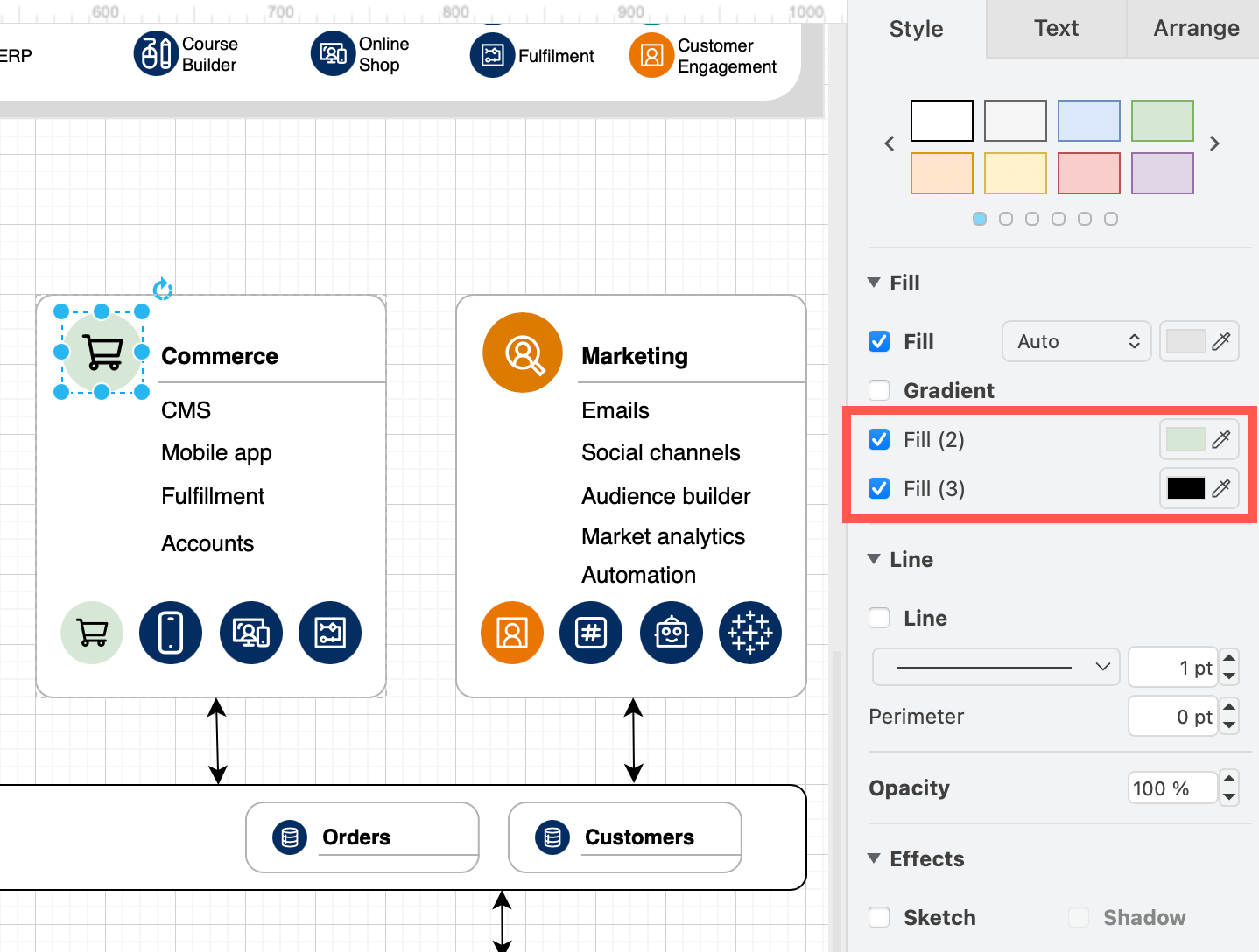 Salesforce shapes and many other shape libraries now support multiple fill colours